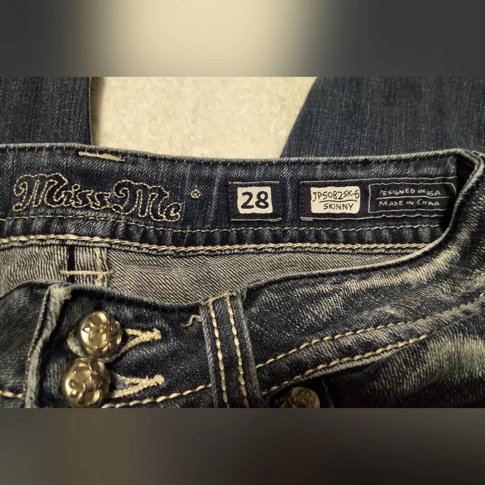 Miss Me Dark Blue Skinny Jeans with Embellished Pockets - Size 28